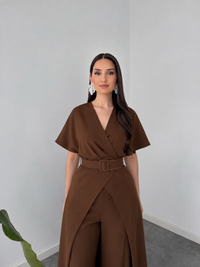 Mocha Wrap Cape Jumpsuit with Statement Belt image 2