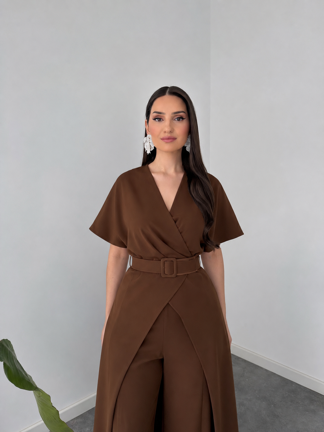 Mocha Wrap Cape Jumpsuit with Statement Belt