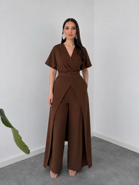 Mocha Wrap Cape Jumpsuit with Statement Belt image 4