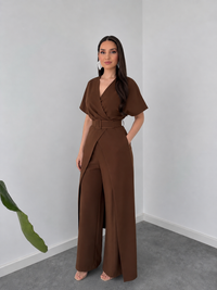 Mocha Wrap Cape Jumpsuit with Statement Belt image 3