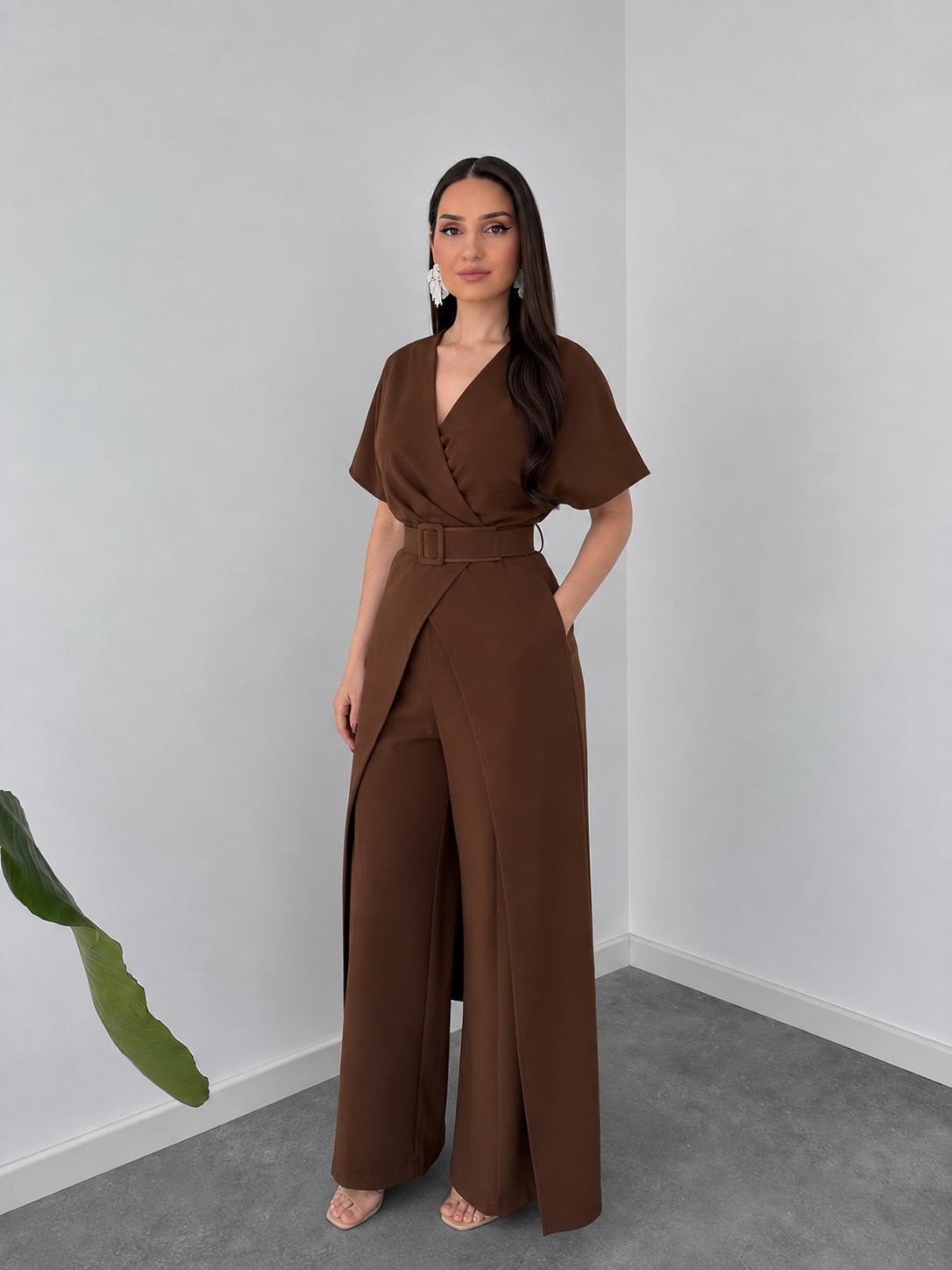 Mocha Wrap Cape Jumpsuit with Statement Belt