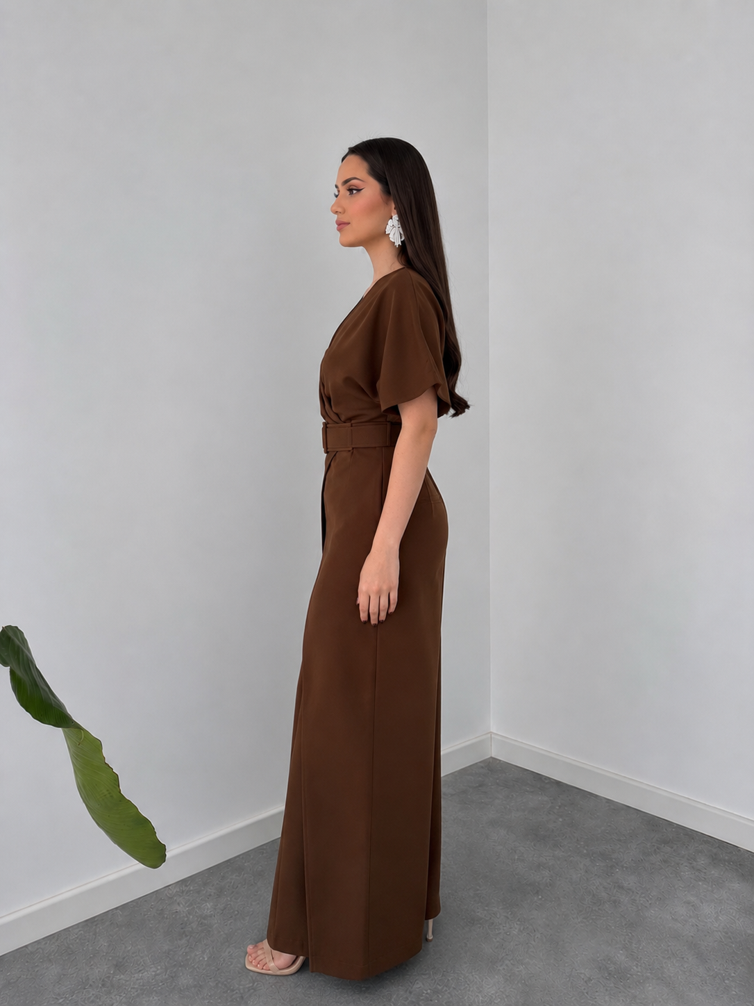 Mocha Wrap Cape Jumpsuit with Statement Belt