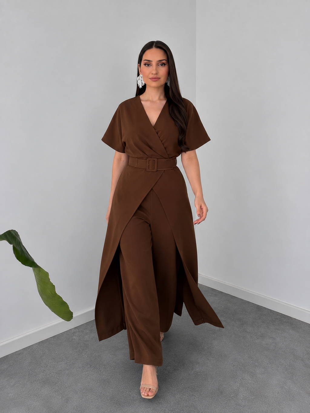 Mocha Wrap Cape Jumpsuit with Statement Belt