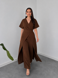 Mocha Wrap Cape Jumpsuit with Statement Belt image 1