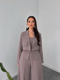 Taupe Structured Co-Ord Set – Cropped Blazer & Wide-Leg Trousers by Belleci image 2