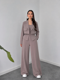 Taupe Structured Co-Ord Set – Cropped Blazer & Wide-Leg Trousers by Belleci image 4