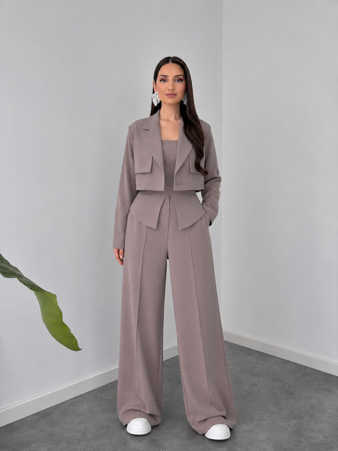 Taupe Structured Co-Ord Set – Cropped Blazer & Wide-Leg Trousers by Belleci