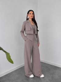 Taupe Structured Co-Ord Set – Cropped Blazer & Wide-Leg Trousers by Belleci image 1
