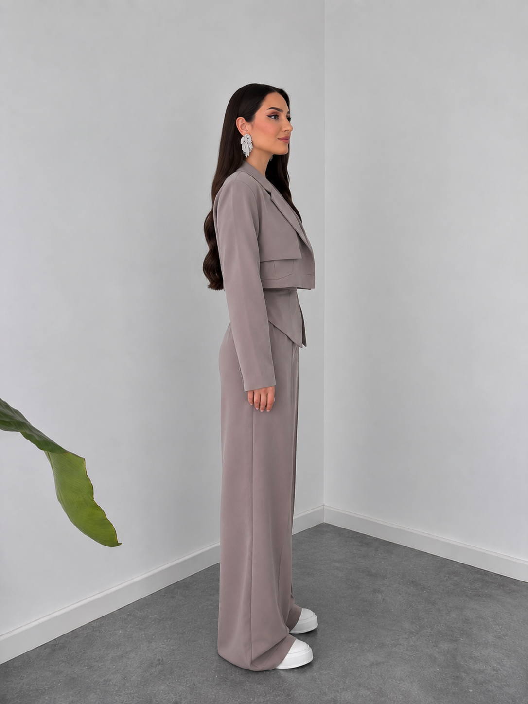 Taupe Structured Co-Ord Set – Cropped Blazer & Wide-Leg Trousers by Belleci