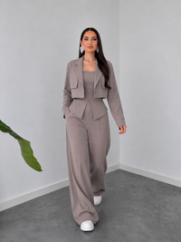 Taupe Structured Co-Ord Set – Cropped Blazer & Wide-Leg Trousers by Belleci image 3