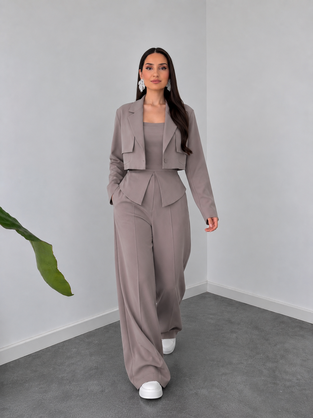 Taupe Structured Co-Ord Set – Cropped Blazer & Wide-Leg Trousers by Belleci