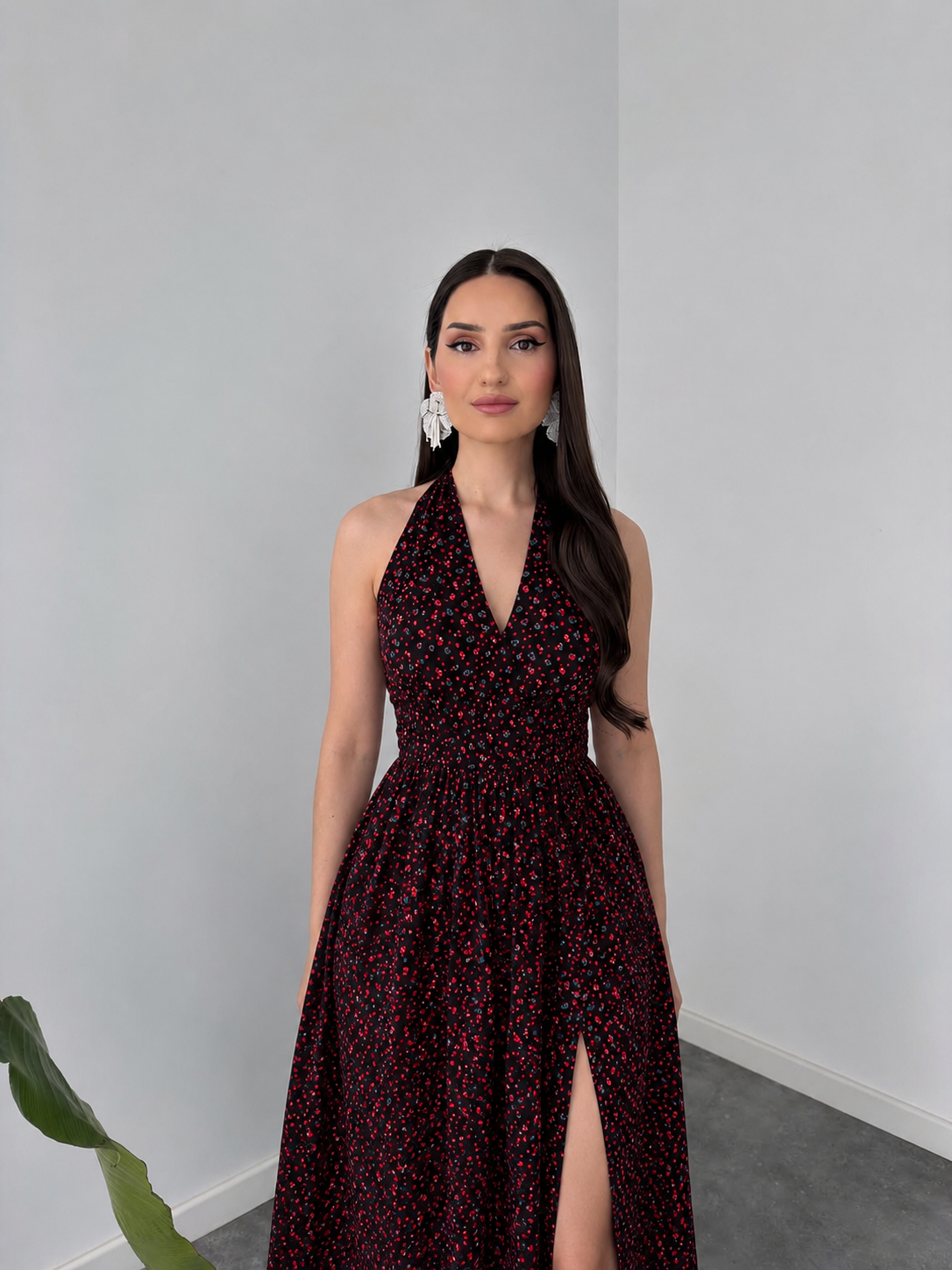 Belleci Black and Dark Red Floral Midi Dress – Front Slit