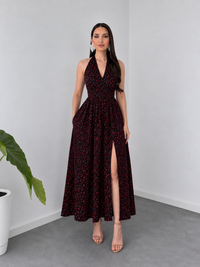 Belleci Black and Dark Red Floral Midi Dress – Front Slit image 4