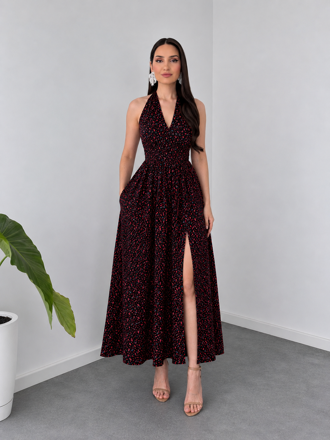 Belleci Black and Dark Red Floral Midi Dress – Front Slit