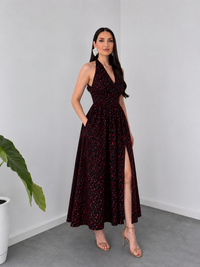 Belleci Black and Dark Red Floral Midi Dress – Front Slit image 1