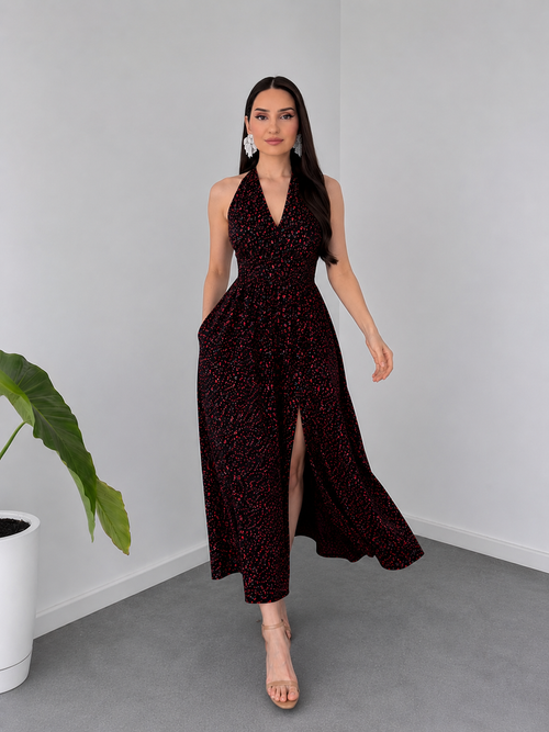 Belleci Black and Dark Red Floral Midi Dress – Front Slit