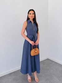 Blue Sleeveless Zip-Front Belted Maxi Dress | Elegant A-Line Casual Dress image 1