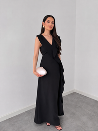 Elegant Black Ruffle Maxi Dress for Women | Sleeveless V-Neck Evening & Party Gown image 1
