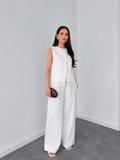Elegant White Linen Co-Ord Set | Sleeveless Embroidered Vest & Wide-Leg Pants