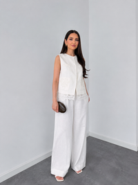 Elegant White Linen Co-Ord Set | Sleeveless Embroidered Vest & Wide-Leg Pants image 1