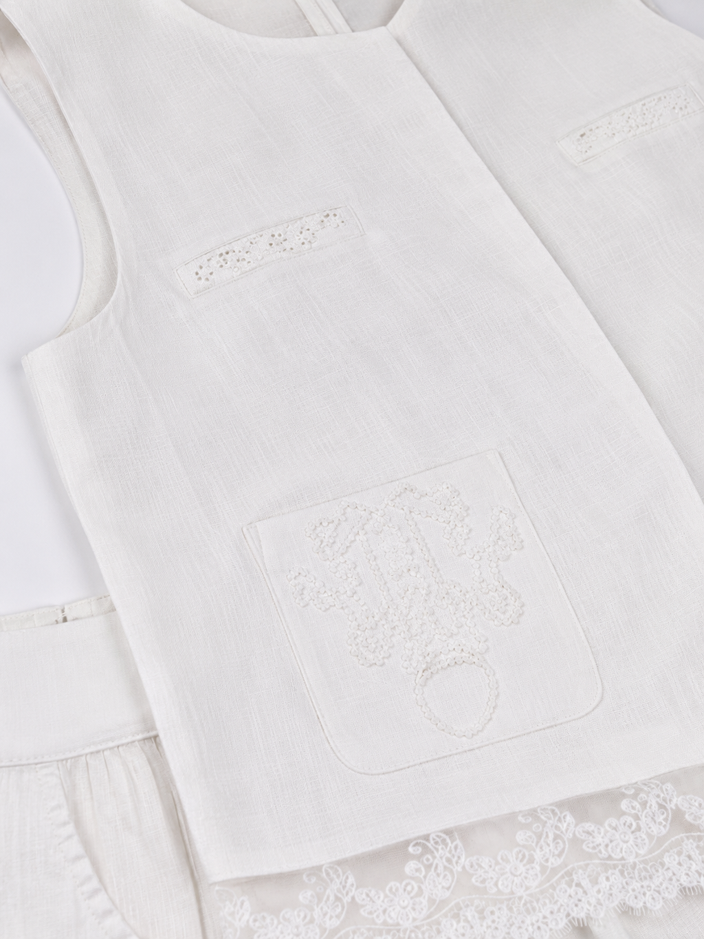 Elegant White Linen Co-Ord Set | Sleeveless Embroidered Vest & Wide-Leg Pants
