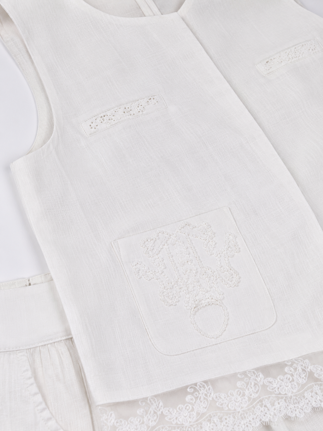 Elegant White Linen Co-Ord Set | Sleeveless Embroidered Vest & Wide-Leg Pants