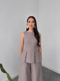 Belleci Mocha & Ivory Striped Co-Ord Set – Structured Peplum Top & Wide-Leg Trousers image 2