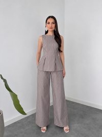 Belleci Mocha & Ivory Striped Co-Ord Set – Structured Peplum Top & Wide-Leg Trousers image 4