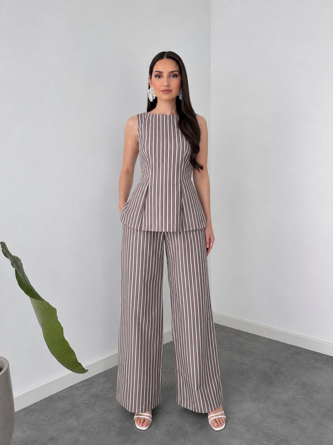 Belleci Mocha & Ivory Striped Co-Ord Set – Structured Peplum Top & Wide-Leg Trousers
