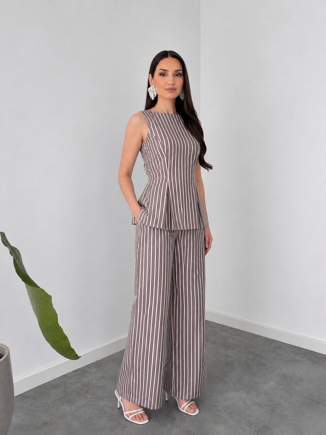 Belleci Mocha & Ivory Striped Co-Ord Set – Structured Peplum Top & Wide-Leg Trousers