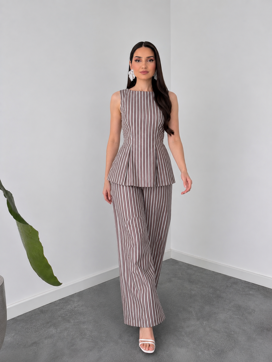 Belleci Mocha & Ivory Striped Co-Ord Set – Structured Peplum Top & Wide-Leg Trousers
