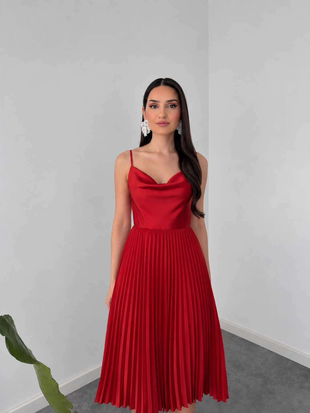 Red Pleated Midi Dress with Cowl Neck By Belleci
