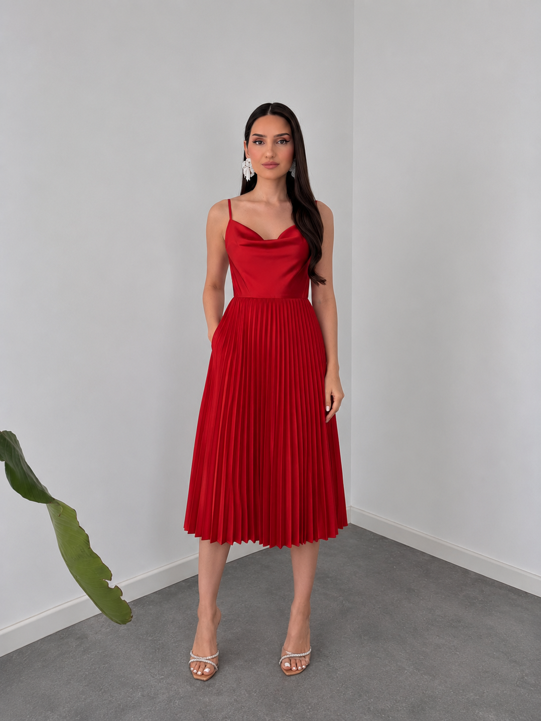 Red Pleated Midi Dress with Cowl Neck By Belleci