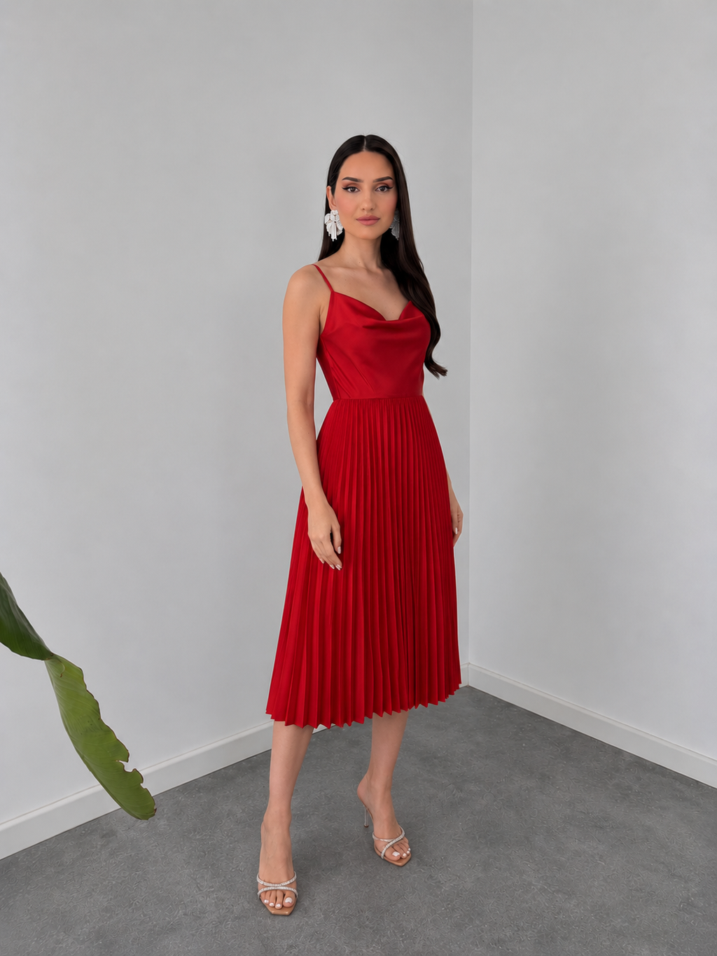 Red Pleated Midi Dress with Cowl Neck By Belleci