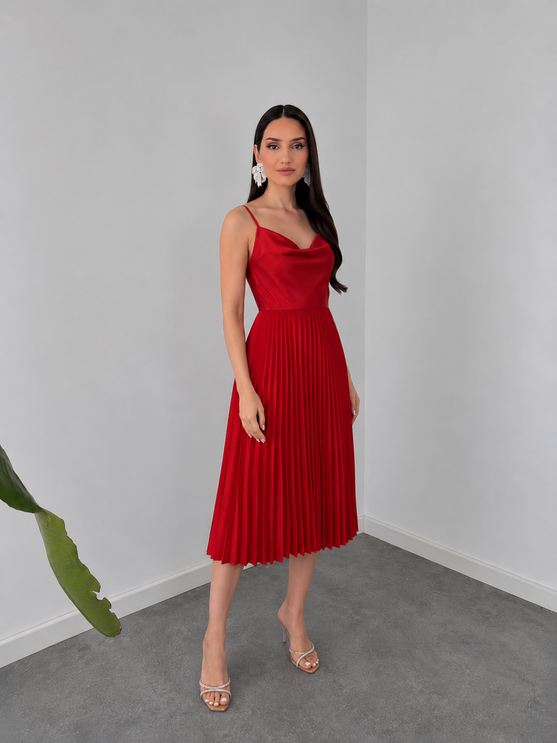 Red Pleated Midi Dress with Cowl Neck By Belleci