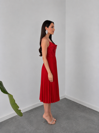 Red Pleated Midi Dress with Cowl Neck By Belleci image 6
