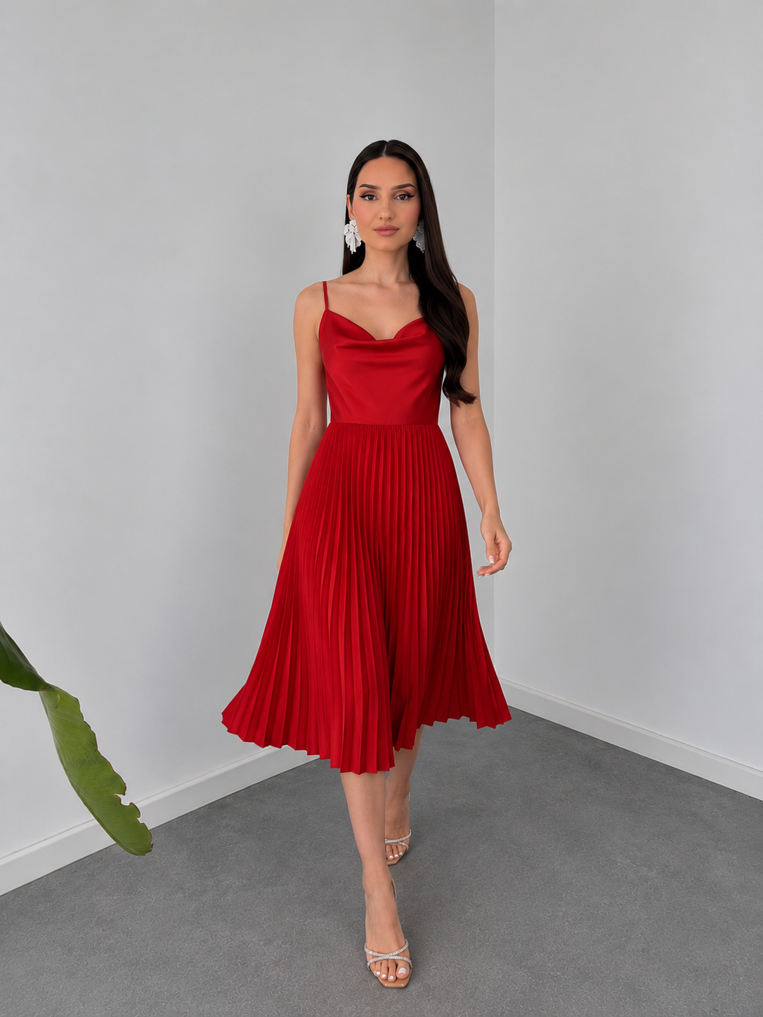 Red Pleated Midi Dress with Cowl Neck By Belleci