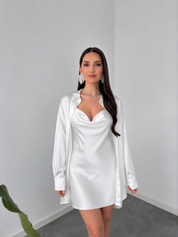 White Satin Cowl Neck Mini Dress with Shirt Overlay By Belleci image 3