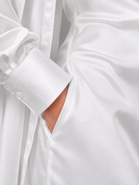 White Satin Cowl Neck Mini Dress with Shirt Overlay By Belleci image 4