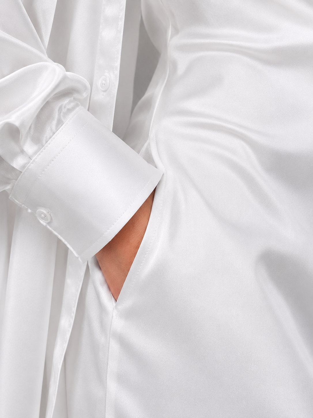 White Satin Cowl Neck Mini Dress with Shirt Overlay By Belleci