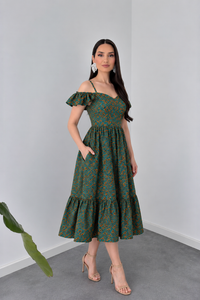 Belleci Emerald Bloom Midi Dress – Floral Off-Shoulder Ruffle Dress image 1
