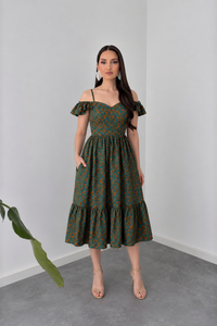 Belleci Emerald Bloom Midi Dress – Floral Off-Shoulder Ruffle Dress image 4