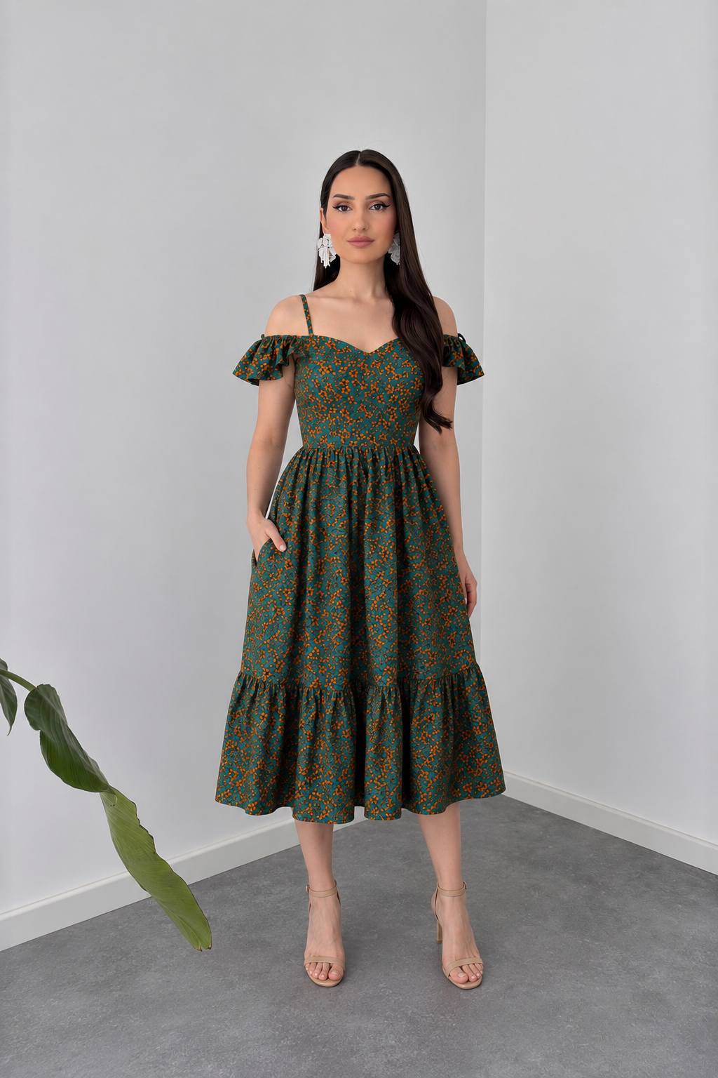 Belleci Emerald Bloom Midi Dress – Floral Off-Shoulder Ruffle Dress