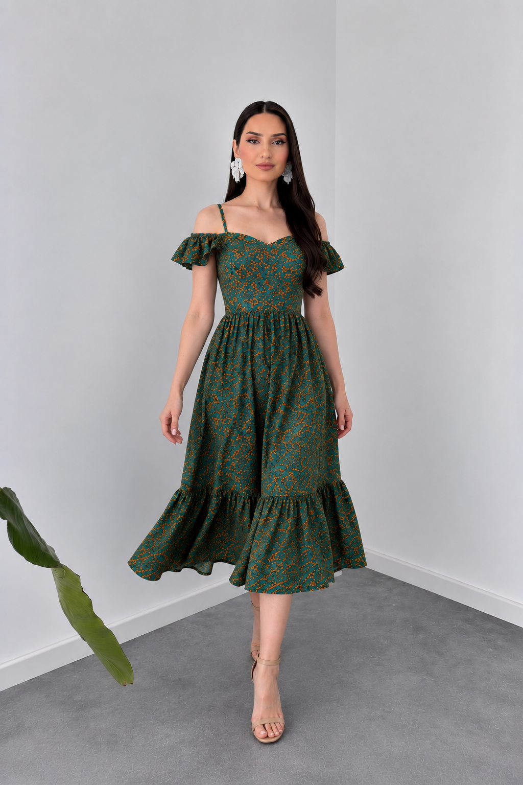 Belleci Emerald Bloom Midi Dress – Floral Off-Shoulder Ruffle Dress