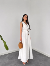 Belleci Ivory Elegance Contrast Trim Belted Maxi Dress image 1