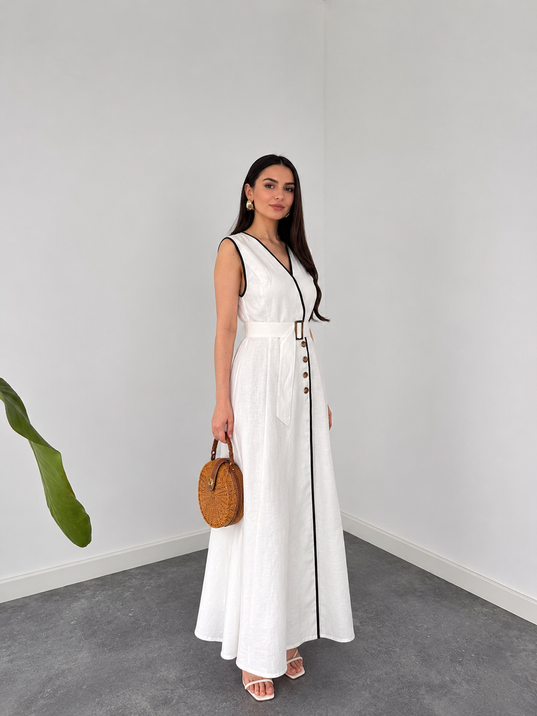 Belleci Ivory Elegance Contrast Trim Belted Maxi Dress