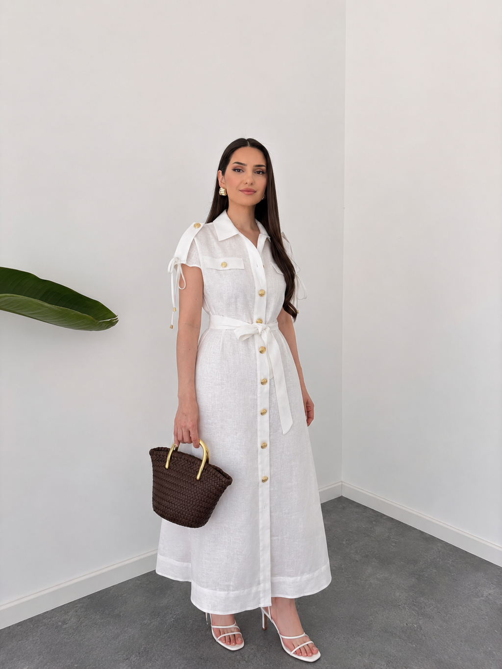 Belleci Élodie White Linen Blend Button-Down Maxi Dress