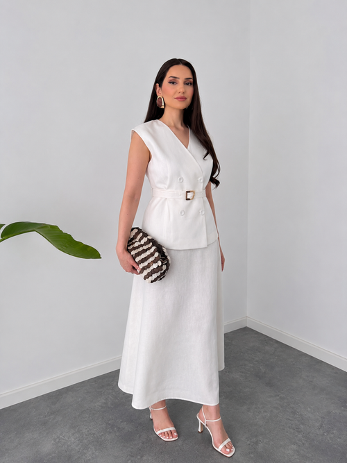 Belleci White Linen-Blend Belted Co-Ord Outfit for Women