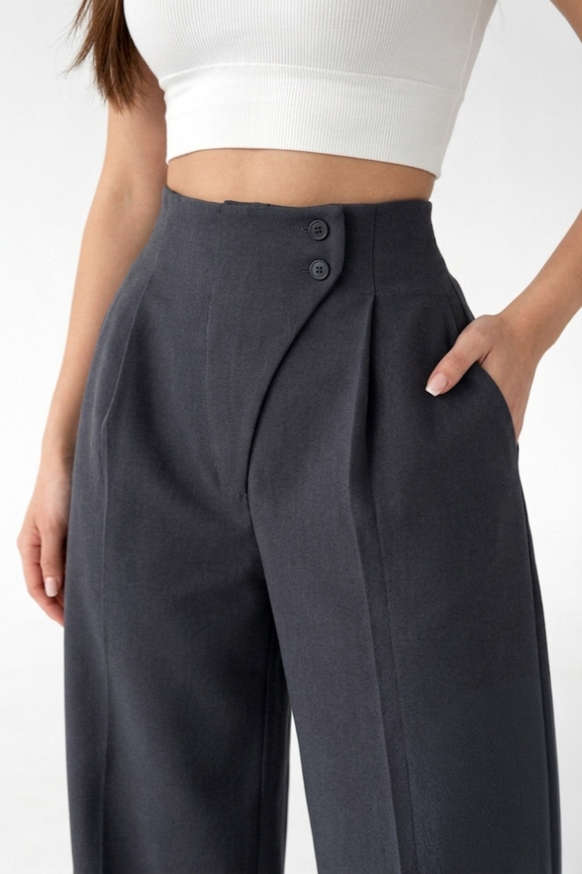 Belleci Charcoal Wrapline High Waist Wide Leg Trouser