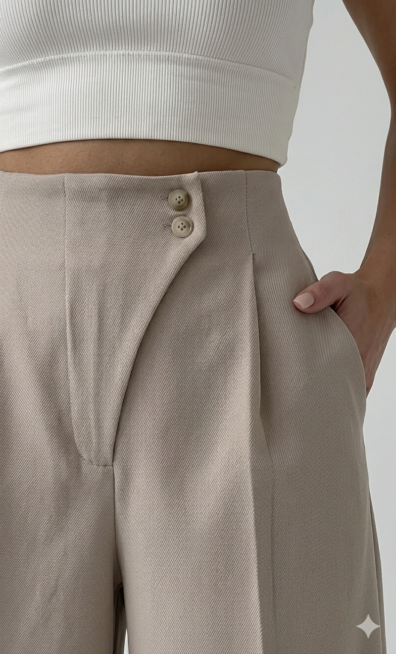 Belleci Taupe Tailored Wide-Leg Trousers – High-Waist Structured Fit
